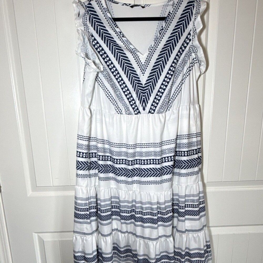 BLOOMCHIC Women's US 12 White Blue Geometric V-Neck Tiered Ruffle Maxi Dress